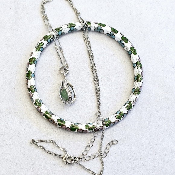 Jewelry - SET! Green Jade 925 Sterling Silver Cage Necklace with Cloisonne Bracelet SET!